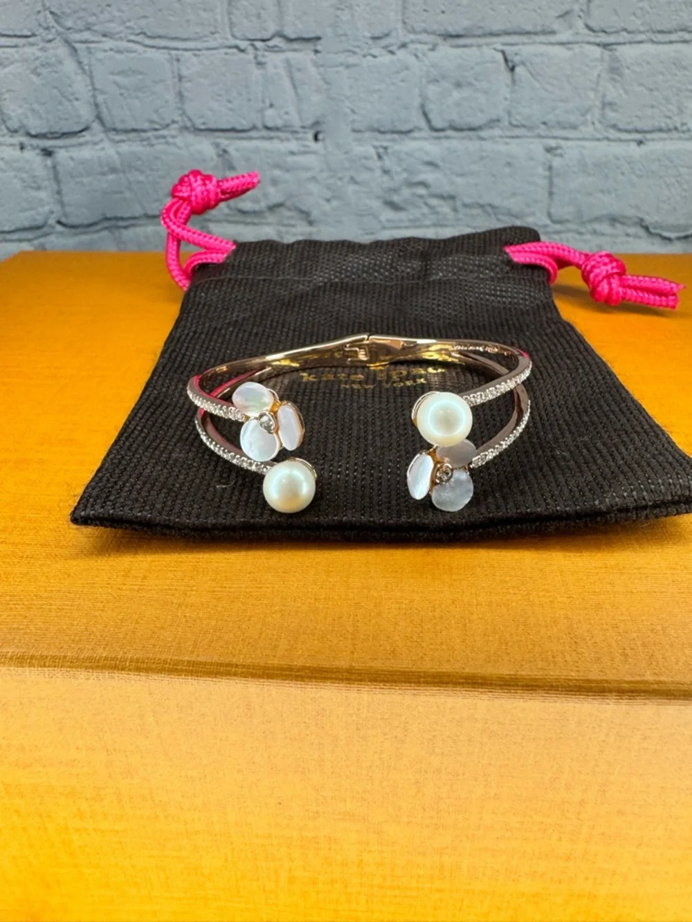 kate spade Rose Gold Floral Open Cuff Bracelet with White Pearl Accents - Picture 4 of 5